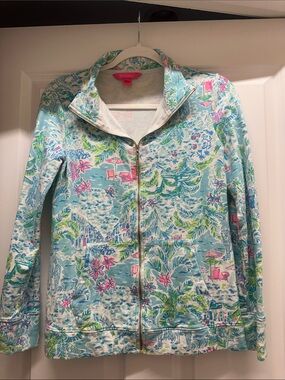 Lilly Pulitzer Tropical Print Zip-Up Jacket - Light Aqua with Pink & Green - XS